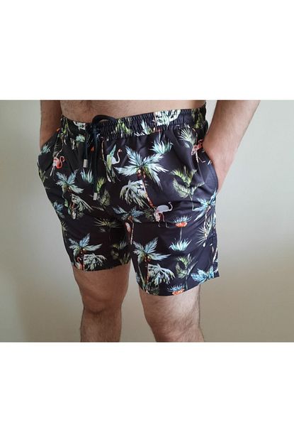 Du Deniz Sortu Palmiye Arka Cepli Polyester Erkek Mayosu Hizli Kuruyan Siyah Renk Deniz Sortu Trendyol