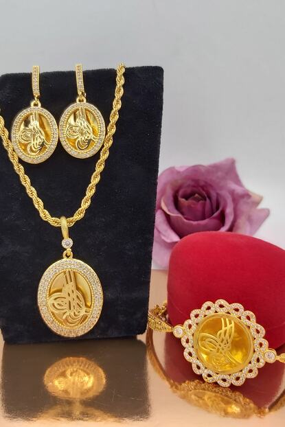 Alzey Gold Imitasyon Altin Kaplama Zirkon Tas Tugrali Uclu Set Trendyol