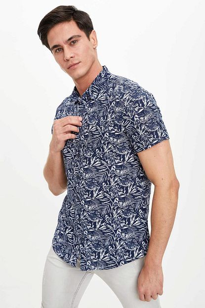 Defacto Erkek Civit Mavisi Cicekli Slim Fit Gomlek M3448az 19sm In20 Trendyol