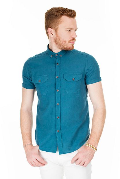 Buratti Erkek Petrol Mavisi Dugmeli Yaka Cepli Kisa Kollu Pamuklu Super Slim Fit Gomlek Cf20s111153 Trendyol