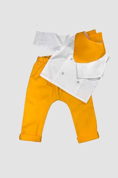 Gist Erkek Bebek Sari Gabardin Pantolon Beyaz Uzun Kollu Gomlek Yakalik 3 Lu Takim Trendyol