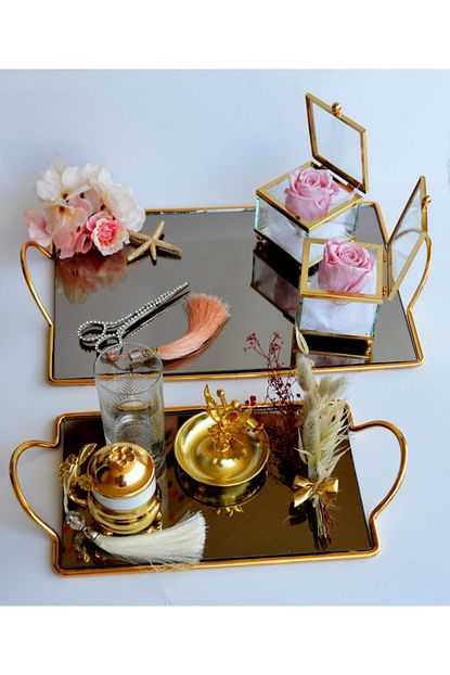 Alpdesign Konsept Gold Metal Dikdortgen Soz Nisan Tepsisi Cam Kutu Solmayan Gul Trendyol