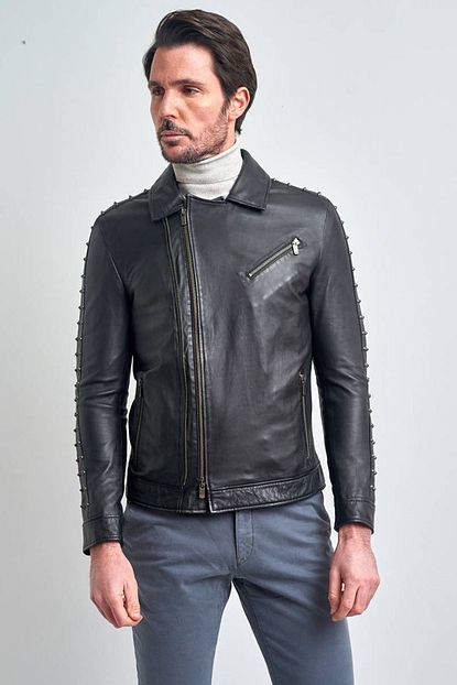 Pierre Cardin Erkek Siyah Zimbali Motorcu Deri Ceket Trendyol