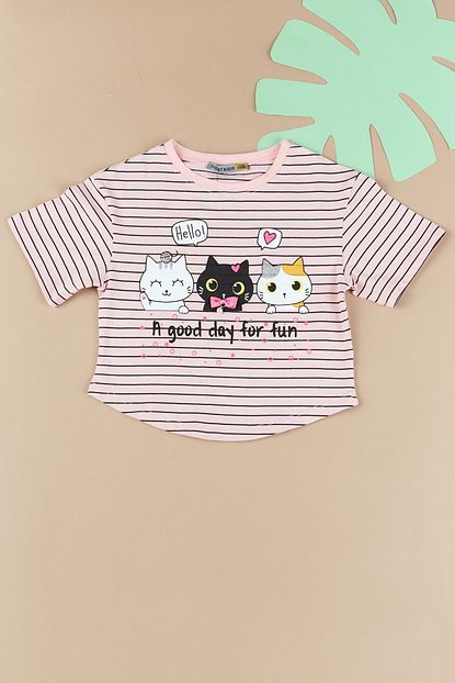 Fulla Moda Kiz Cocuk Pudra Kedi Baskili Cizgili Tshirt Trendyol
