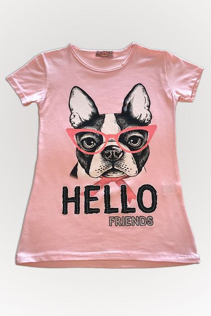 Your World Kiz Cocuk T Shirt Pembe Hello Friends Gozluklu Kopek Baskili Trendyol