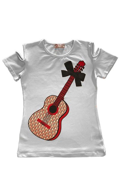 Your World Beyaz Gitar Baskili Kesik Kisa Kollu Kiz Cocuk T Shirt Trendyol