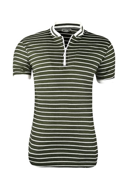 Kulemoda Slim Fit Likrali Yatay Cizgili Fermuarli Hakim Yaka Yesil Erkek Tshirt Trendyol