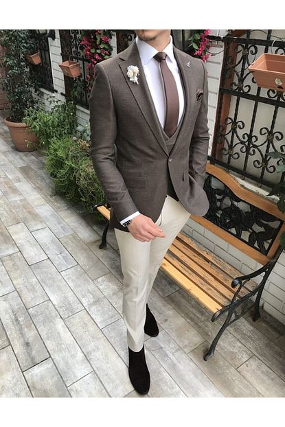 Terziademaltun Italyan Stil Slim Fit Ceket Yelek Pantolon Kombin Kahve T4152 Trendyol