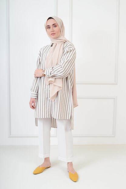 Rukayyel Cizgili Keten Kisa Bej Kadin Tunik Gomlek Trendyol