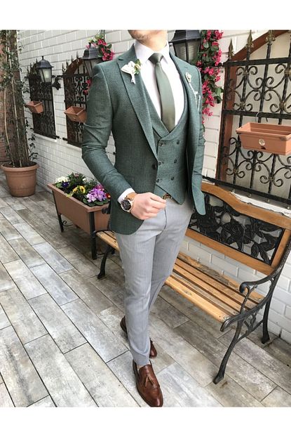 Terziademaltun Italyan Stil Slim Fit Ceket Yelek Pantolon Yesil Kombin T3278 Trendyol