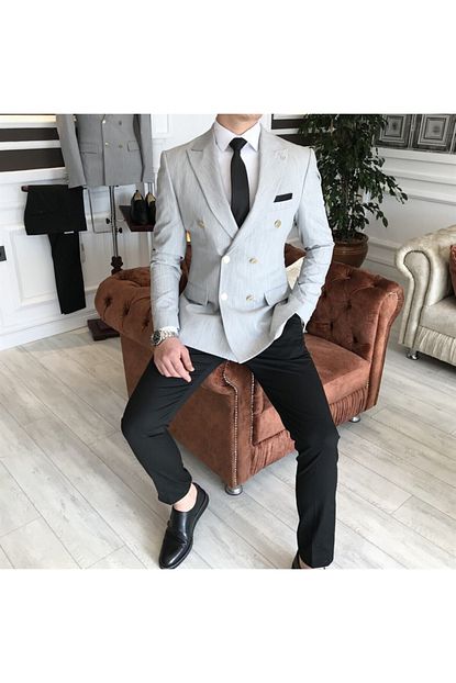 Terziademaltun Erkek Gri Italyan Stil Slim Fit Kruvaze Blazer Tek Ceket T3341 Trendyol