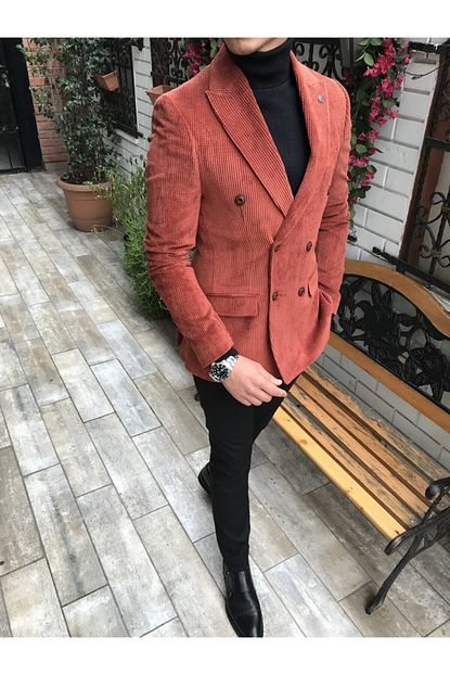 Terziademaltun Italyan Stil Erkek Kadife Kruvaze Ceket Turuncu T4242 Trendyol