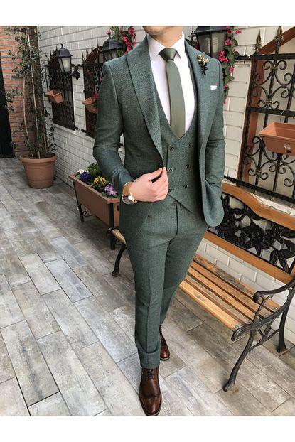 Terziademaltun Erkek Italyan Stil Slim Ceket Yelek Pantolon Yesil Takim Elbise T3367 Trendyol