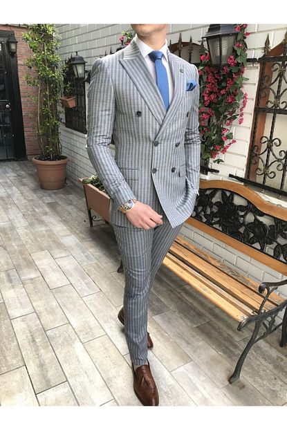 Terziademaltun Erkek Italyan Stil Ceket Pantolon Cizgili Kruvaze Gri Takim Elbise T3540 Trendyol