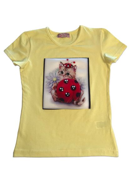 Your World Sari 3d Aksesuar Aplikeli Ugurbocegi Kedi Kisa Kollu Kiz Cocuk T Shirt Trendyol