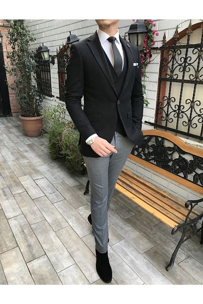 Terziademaltun Italyan Stil Slim Fit Yun Ceket Yelek Pantolon Kombin Siyah T4460 Trendyol