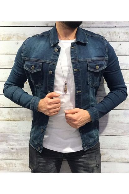 Denim Yeni Sezon Mavi Renk Erkek Kot Ceket Taslanmis Slim Fit Trendyol
