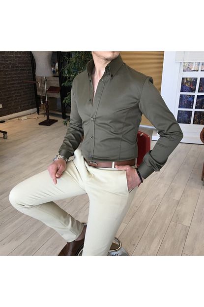 Terziademaltun Italyan Stil Slim Fit Dik Yaka Saten Erkek Gomlek Haki T4745 Trendyol