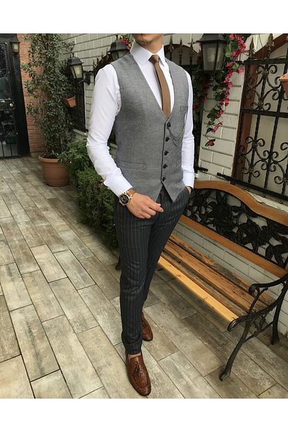 Terziademaltun Italyan Stil Erkek Slim Fit Acik Mavi Cepken Yelek T3846 Trendyol