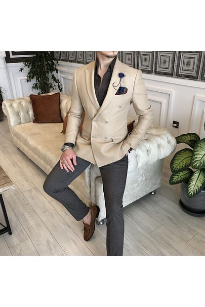Terziademaltun Italyan Stil Slim Fit Erkek Kruvaze Blazer Tek Ceket Bej T4585 Trendyol