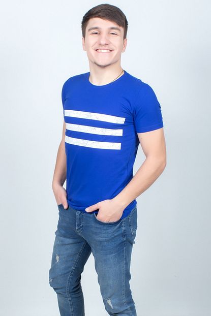 Doruk Butik Sevgili Kombini Uc Cizgi Baskili Mavi Unisex Tisort Trendyol