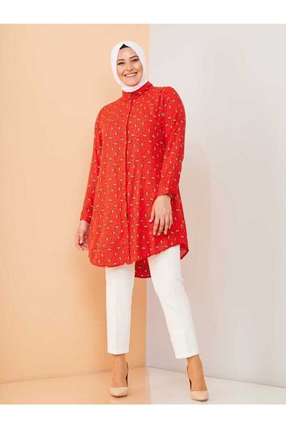 Burcu Tesettur Buyuk Beden Etnik Desenli Dugmeli Tesettur Tunik Lbb6003 Kirmizi Trendyol