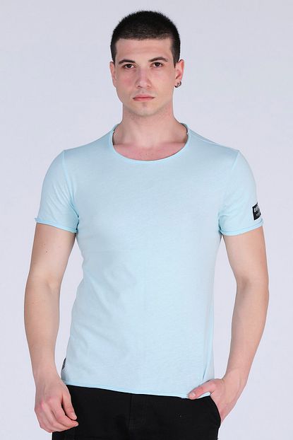 Brainwear Erkek Acik Mavi Genis Yirtik Yaka T Shirt Trendyol