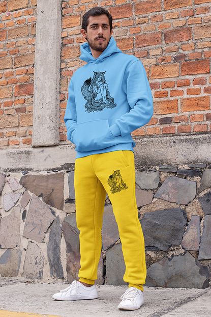 Angemiel Erkek Wear Tilki Kadin Esofman Takimi Mavi Kapusonlu Sweatshirt Sari Esofman Alti Trendyol