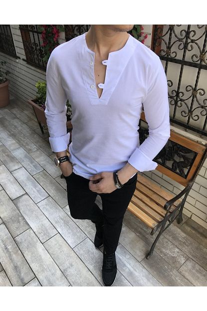 Terziademaltun Erkek Beyaz Italyan Stil Yakasiz Hakim Yaka Likrali Gomlek T4544 Trendyol