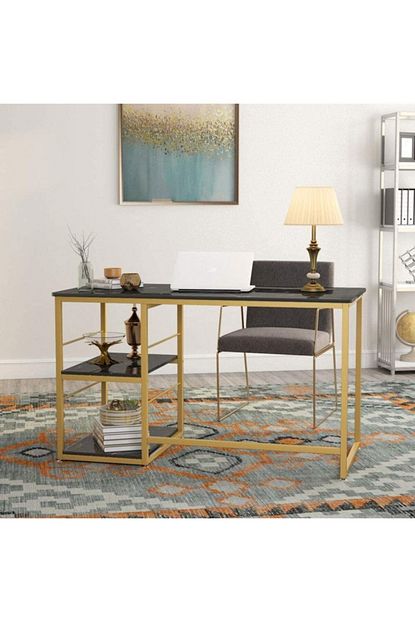 Kiani Lux Gold Siyah Mermer Desen Calisma Masasi Bilgisayar Ve Ofis Masasi Dekoratif Fonksiyonel Trendyol