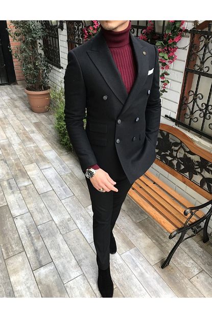 Terziademaltun Italyan Stil Erkek Slim Fit Yun Kruvaze Tek Ceket Siyah T4418 Trendyol