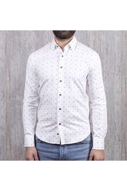 Hobiclub Erkek 100 Pamuk Saten Dijital Desenli Alttan Britli Beyaz Noktali Slim Fit Gomlek Trendyol