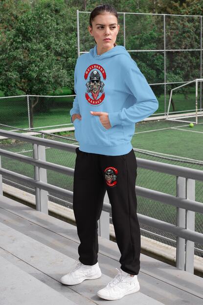 Angemiel Wear Hellroads Garage Kadin Esofman Takimi Mavi Kapsonlu Sweatshirt Siyah Esofman Alti Trendyol
