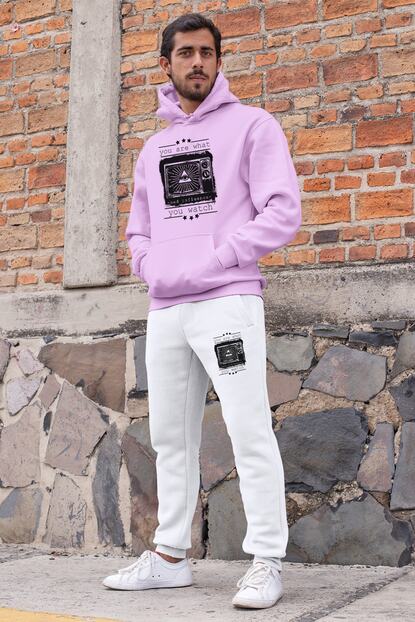 Angemiel Wear You Are What You Watch Erkek Esofman Takimi Pembe Kapsonlu Sweatshirt Beyaz Esofman Alti Trendyol