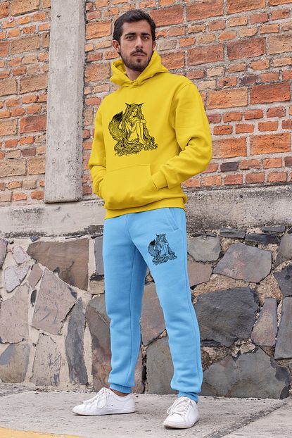 Angemiel Wear Tilki Kadin Erkek Esofman Takimi Sari Kapsonlu Sweatshirt Mavi Esofman Alti Trendyol