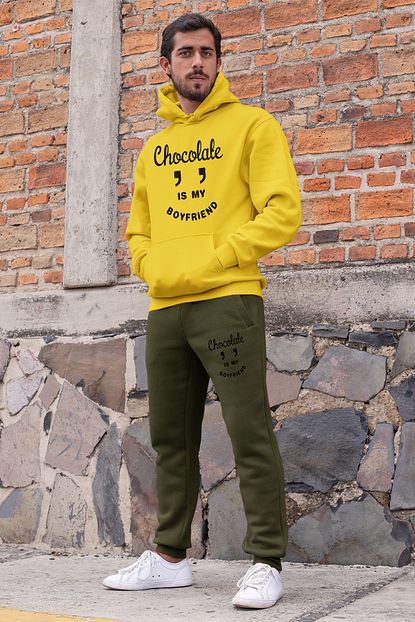 Angemiel Wear Chocolate Is My Boyfriend Erkek Esofman Takimi Sari Kapsonlu Sweatshirt Yesil Esofman Alti Trendyol