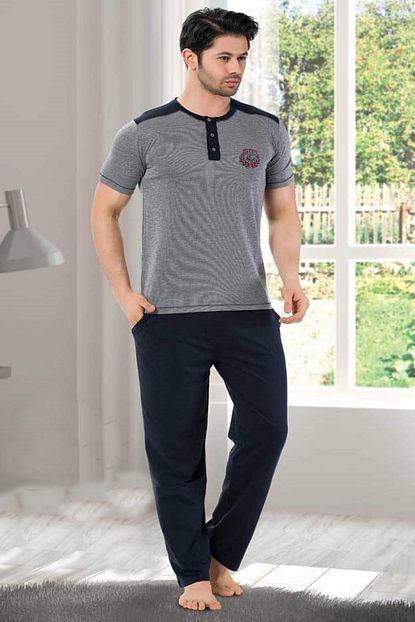 Alimer Erkek Gri Lacivert Yazlik Pijama Takimi Trendyol