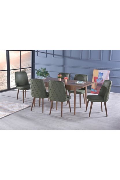 Stoker Larino Premium Yemek Odasi Yemek Masa Takimi 6 Sandalyeli Ahsap Ayakli Haki Yesil Trendyol