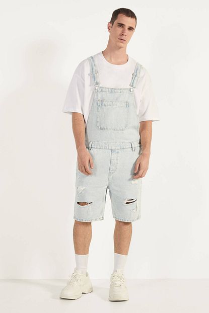 Bershka Erkek Acik Mavi Kisa Denim Salopet 03001847 Trendyol