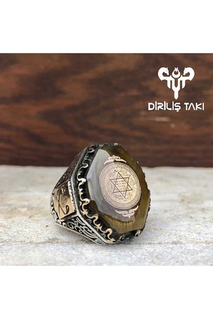 Dirilis Taki Kehribar Tasli Koseli Hz Suleyman Muhru Motifli Gumus Erkek Yuzuk Trendyol