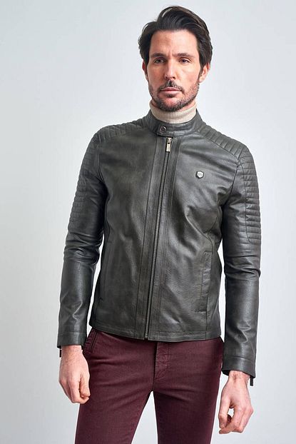 Pierre Cardin Erkek Gri Motorcu Slim Fit Deri Ceket Trendyol
