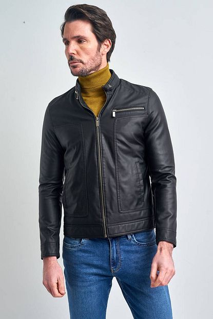 Pierre Cardin Erkek Siyah Slim Fit Motorcu Deri Ceket Trendyol