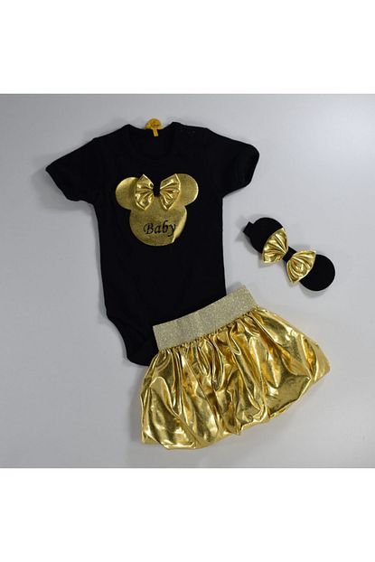 Mersevkids Kiz Bebek Takimi Fareli Bandanali Sari Siyah Renk 0 9 Ay Trendyol
