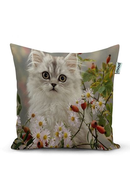 cicekli kedi desenli 3d baskili dekoratif kirlent kilifi