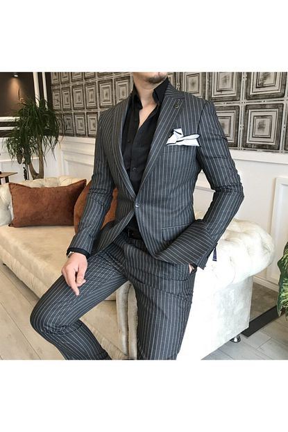Terziademaltun Erkek Koyu Gri Italyan Stil Slim Fit Cizgili Erkek Ceket Pantolon Takim Elbise Trendyol