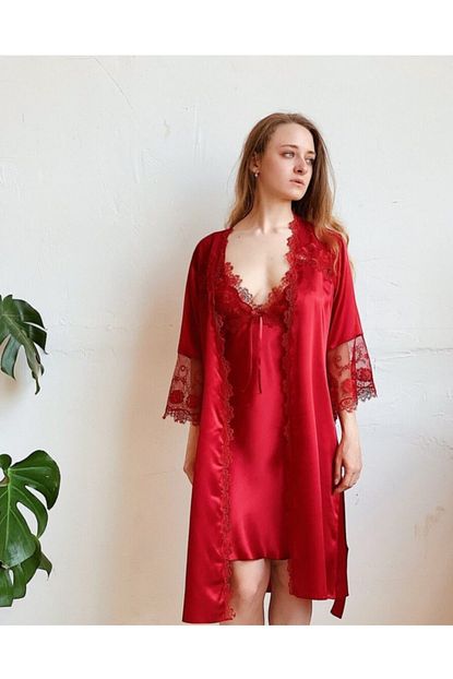 Marpessa Kadin Kirmizi Lingerie Elite Koleksiyonu Ipek Saten Gecelik Sabahlik Takim Trendyol