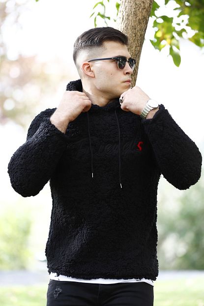 Wowa Company Erkek Siyah Kapusonlu Pelus Sweatshirt Trendyol