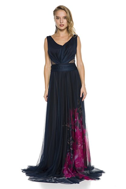 Abiye Sarayi Lacivert Bel Detayli Cicek Desenli Uzun Abiye Elbise Fiyati Yorumlari Trendyol