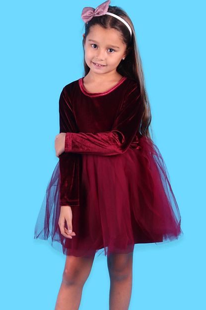 Breeze Kiz Cocuk Kadife Elbise Bordo Tullu 9 10 Yas Trendyol