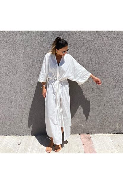 kol ucu papatya detayli keten bol kesim kusakli uzun kimono